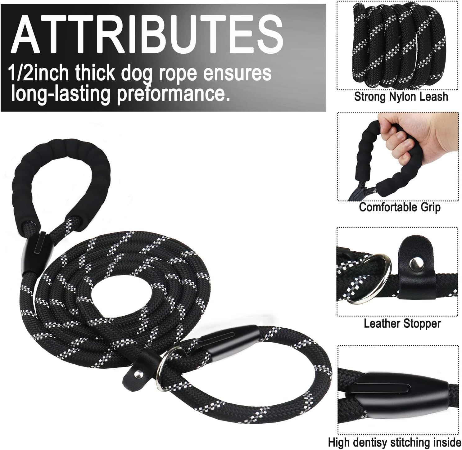 Padded & Reflective: 6FT Heavy-Duty Rope Dog Leash for Secure, Comfortable Walks