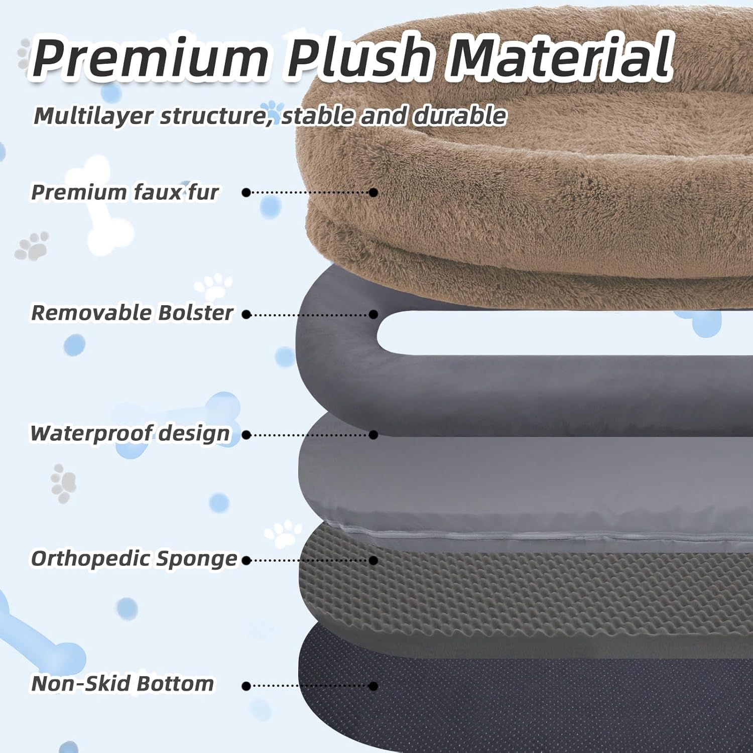WROS Human Dog Bed - 71x45x12 Fits You & Pets, Washable Faux Fur, Orthopedic, Plump Pillow, Blanket, Strap - Grey