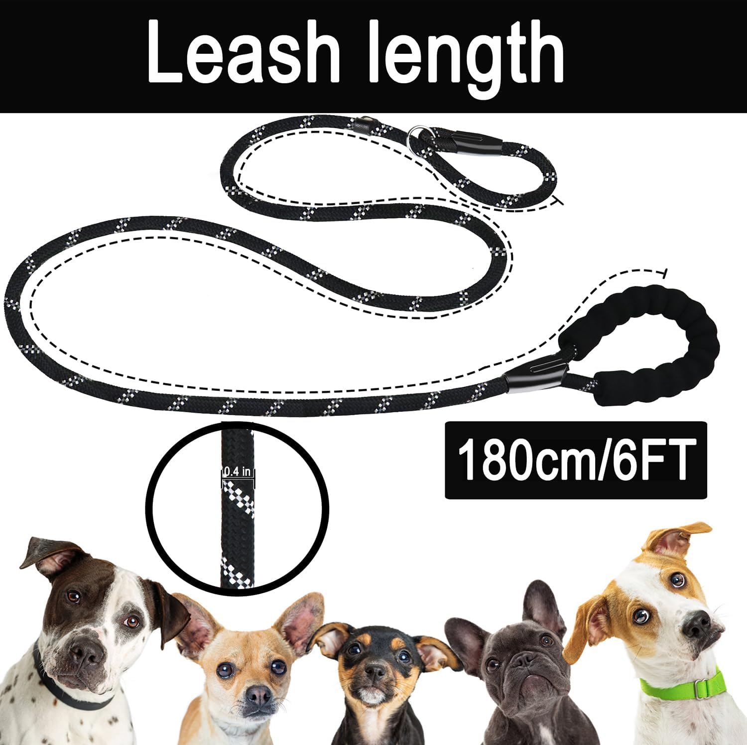 Padded & Reflective: 6FT Heavy-Duty Rope Dog Leash for Secure, Comfortable Walks