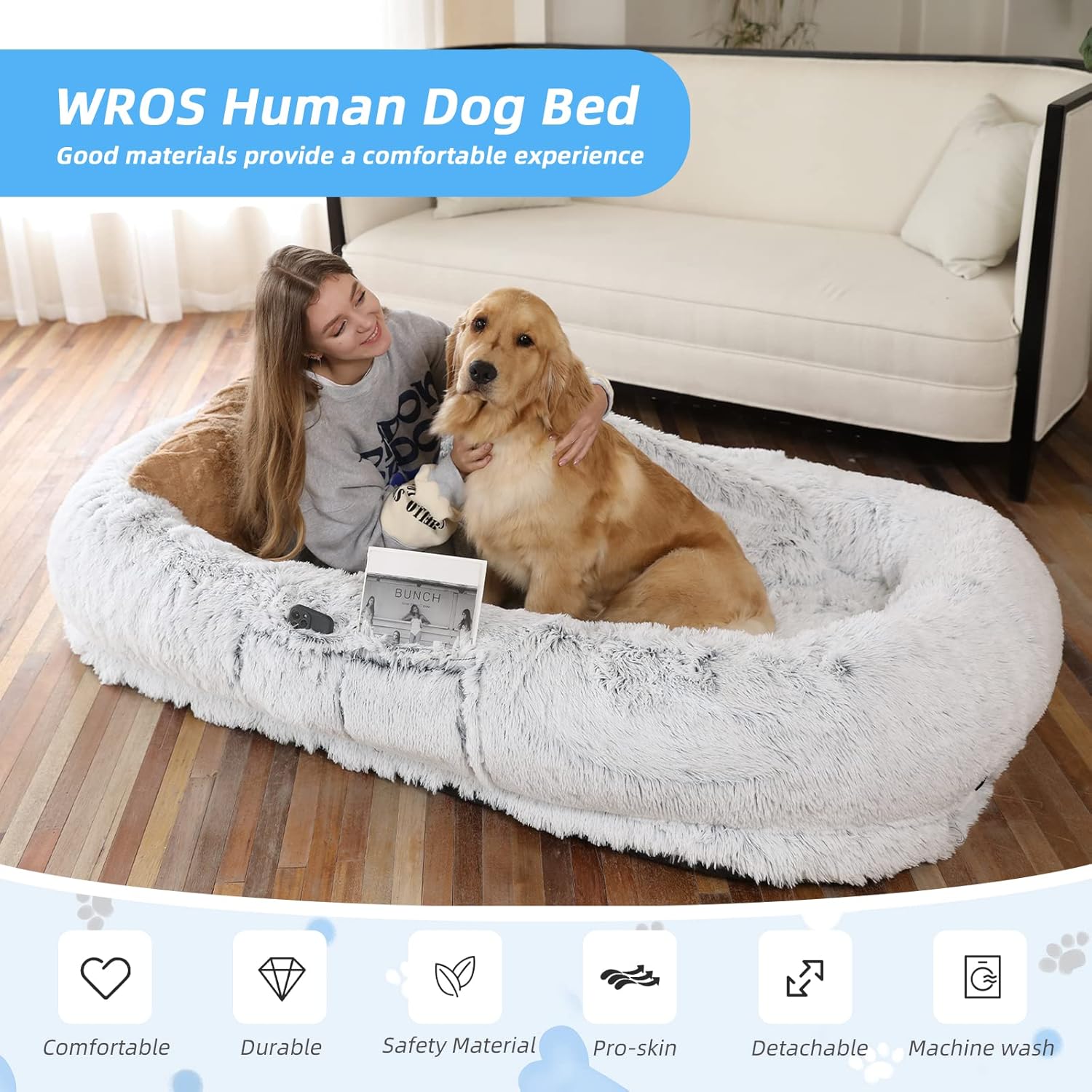 WROS Human Dog Bed - 71x45x12 Fits You & Pets, Washable Faux Fur, Orthopedic, Plump Pillow, Blanket, Strap - Grey