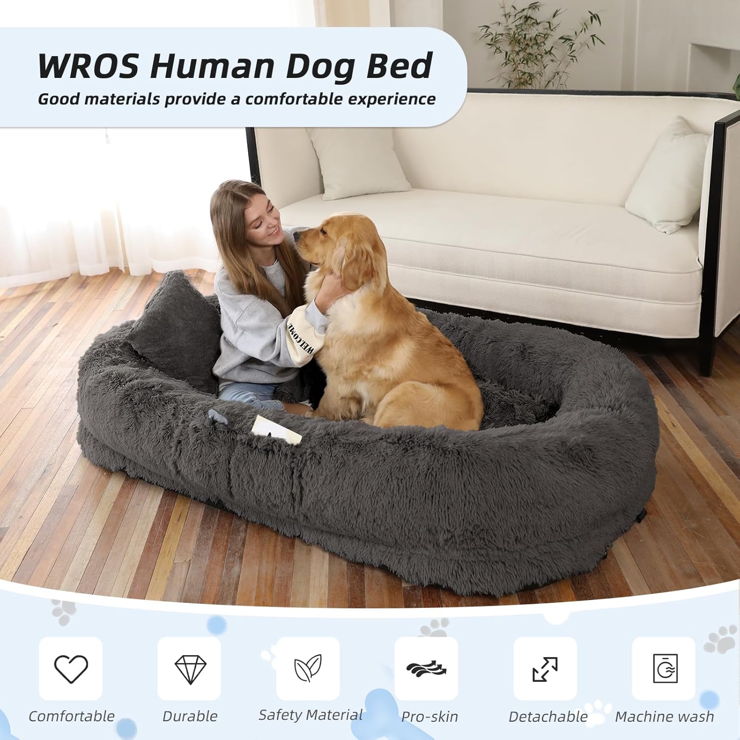 WROS Human Dog Bed - 71x45x12 Fits You & Pets, Washable Faux Fur, Orthopedic, Plump Pillow, Blanket, Strap - Grey