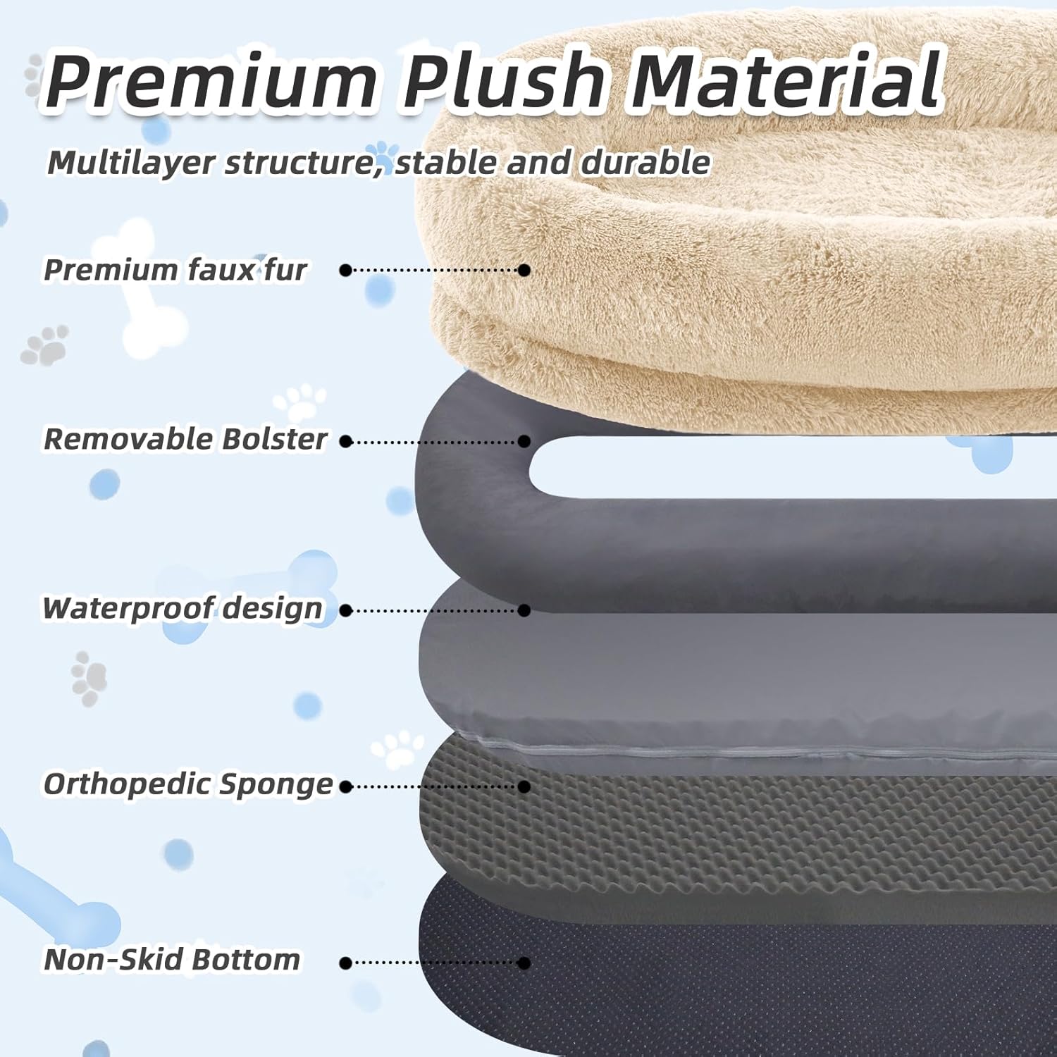 WROS Human Dog Bed - 71x45x12 Fits You & Pets, Washable Faux Fur, Orthopedic, Plump Pillow, Blanket, Strap - Grey