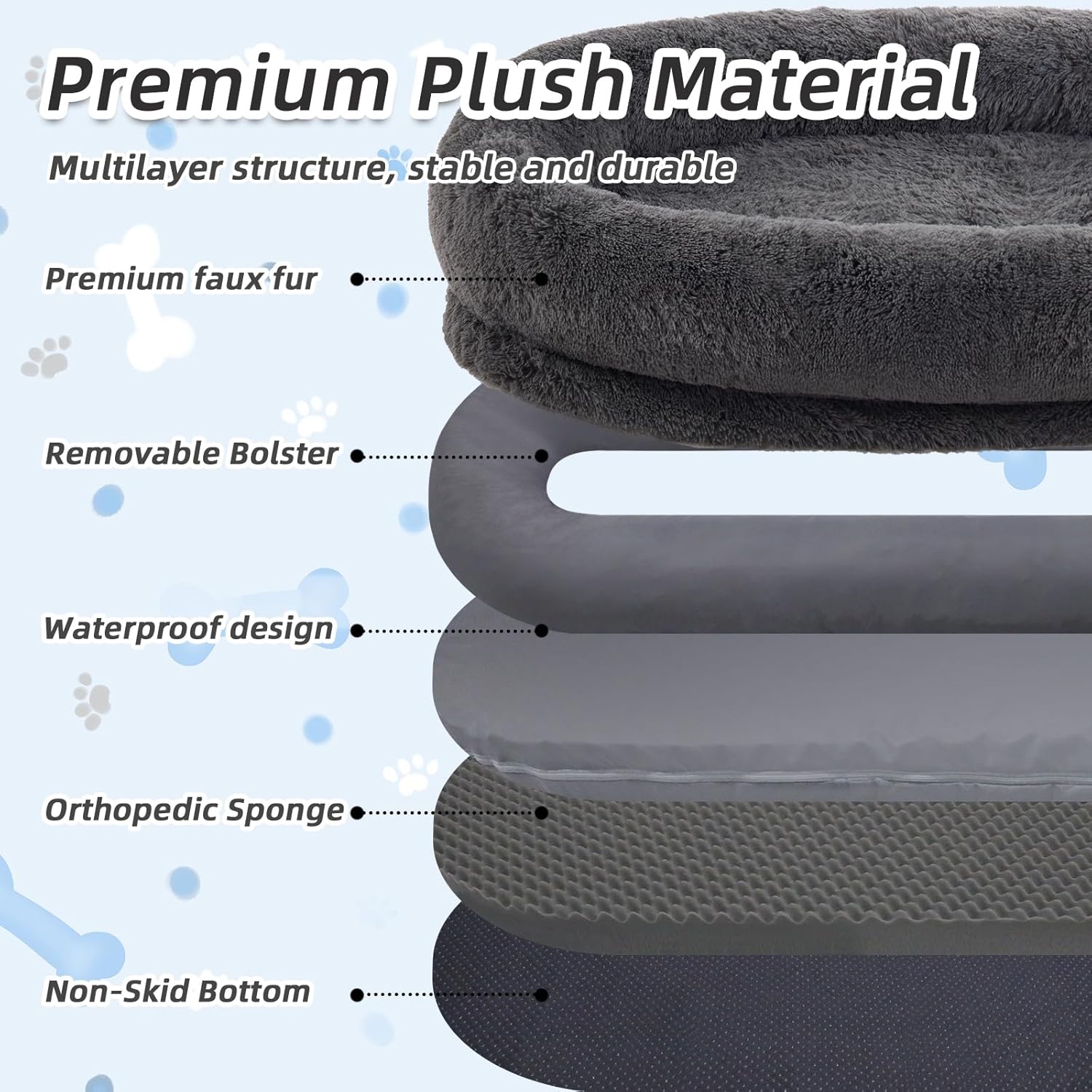 WROS Human Dog Bed - 71x45x12 Fits You & Pets, Washable Faux Fur, Orthopedic, Plump Pillow, Blanket, Strap - Grey