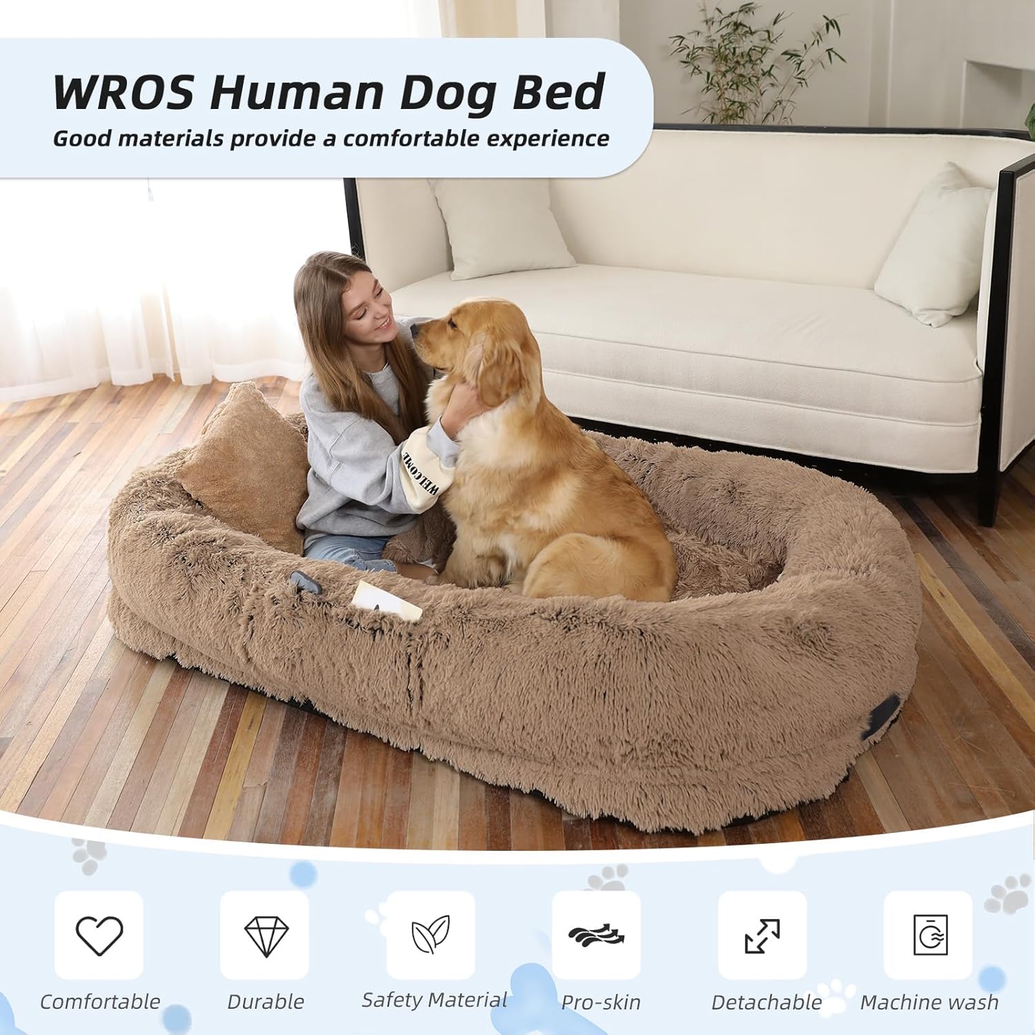 WROS Human Dog Bed - 71x45x12 Fits You & Pets, Washable Faux Fur, Orthopedic, Plump Pillow, Blanket, Strap - Grey