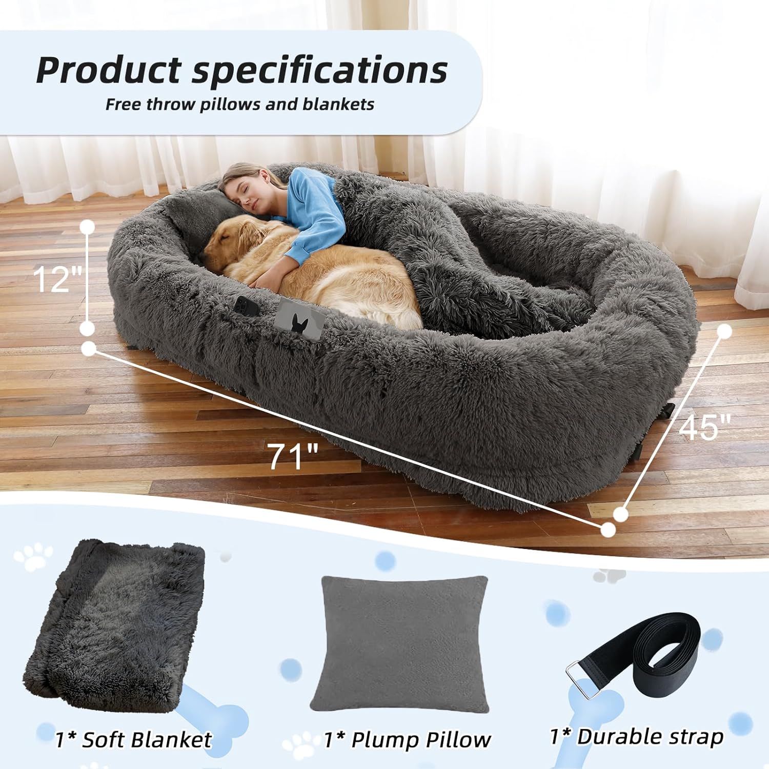WROS Human Dog Bed - 71x45x12 Fits You & Pets, Washable Faux Fur, Orthopedic, Plump Pillow, Blanket, Strap - Grey