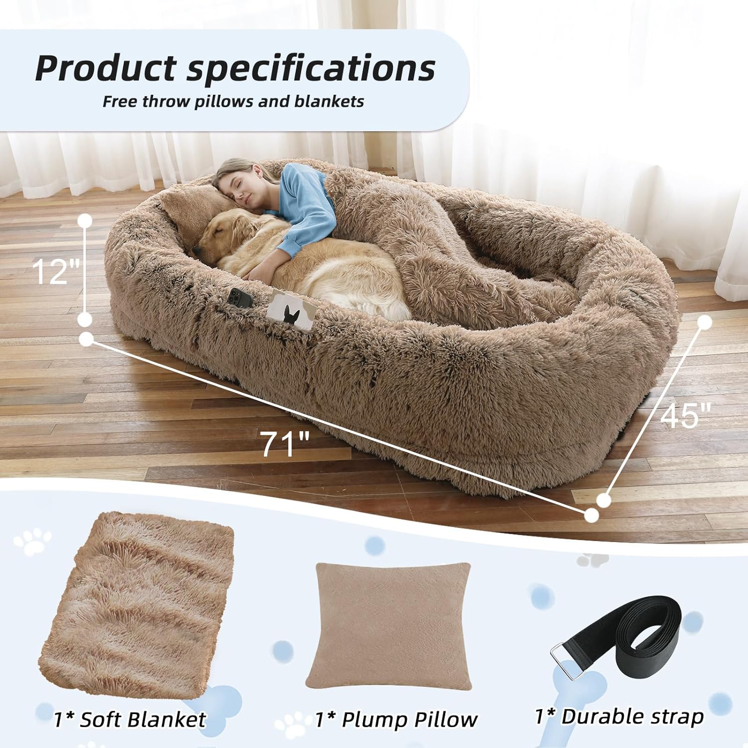 WROS Human Dog Bed - 71x45x12 Fits You & Pets, Washable Faux Fur, Orthopedic, Plump Pillow, Blanket, Strap - Grey