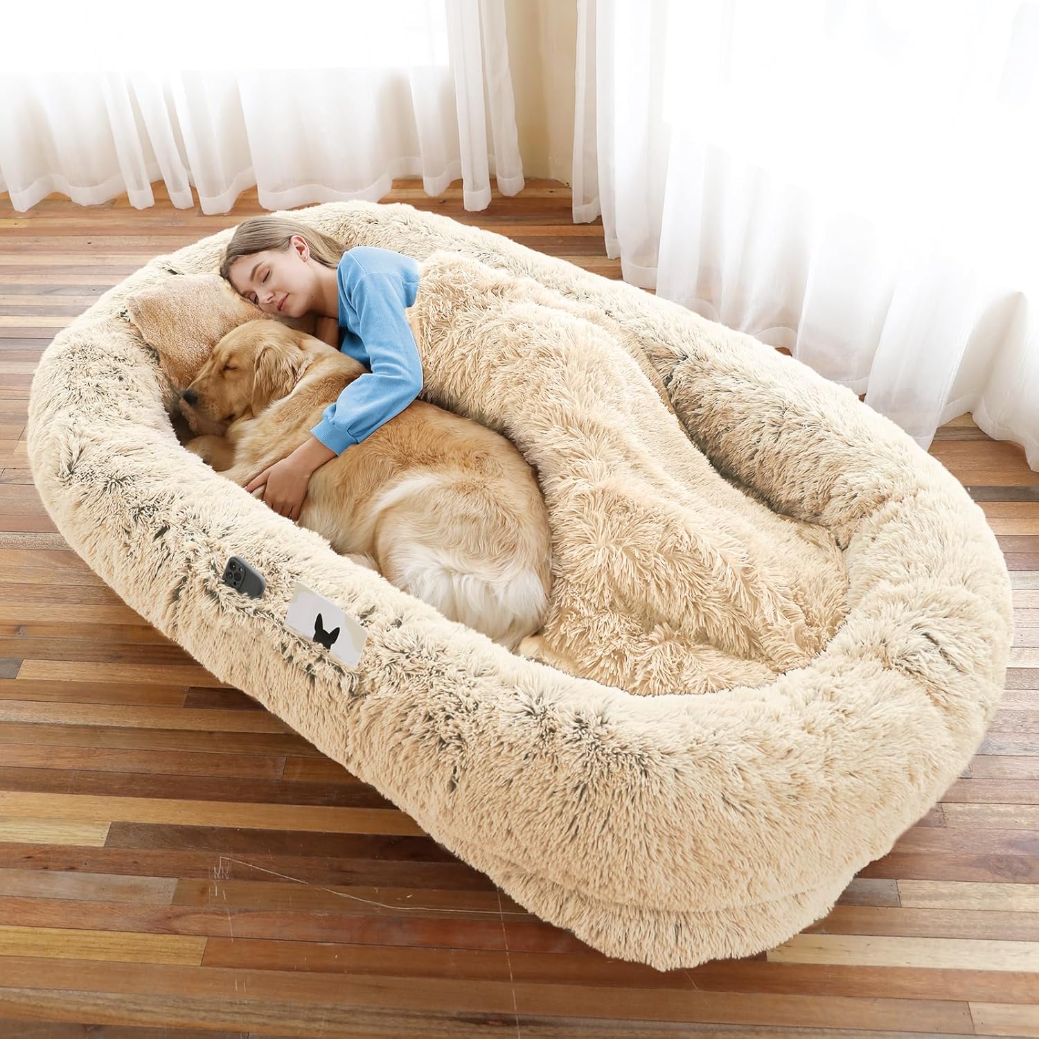 WROS Human Dog Bed - 71x45x12 Fits You & Pets, Washable Faux Fur, Orthopedic, Plump Pillow, Blanket, Strap - Grey