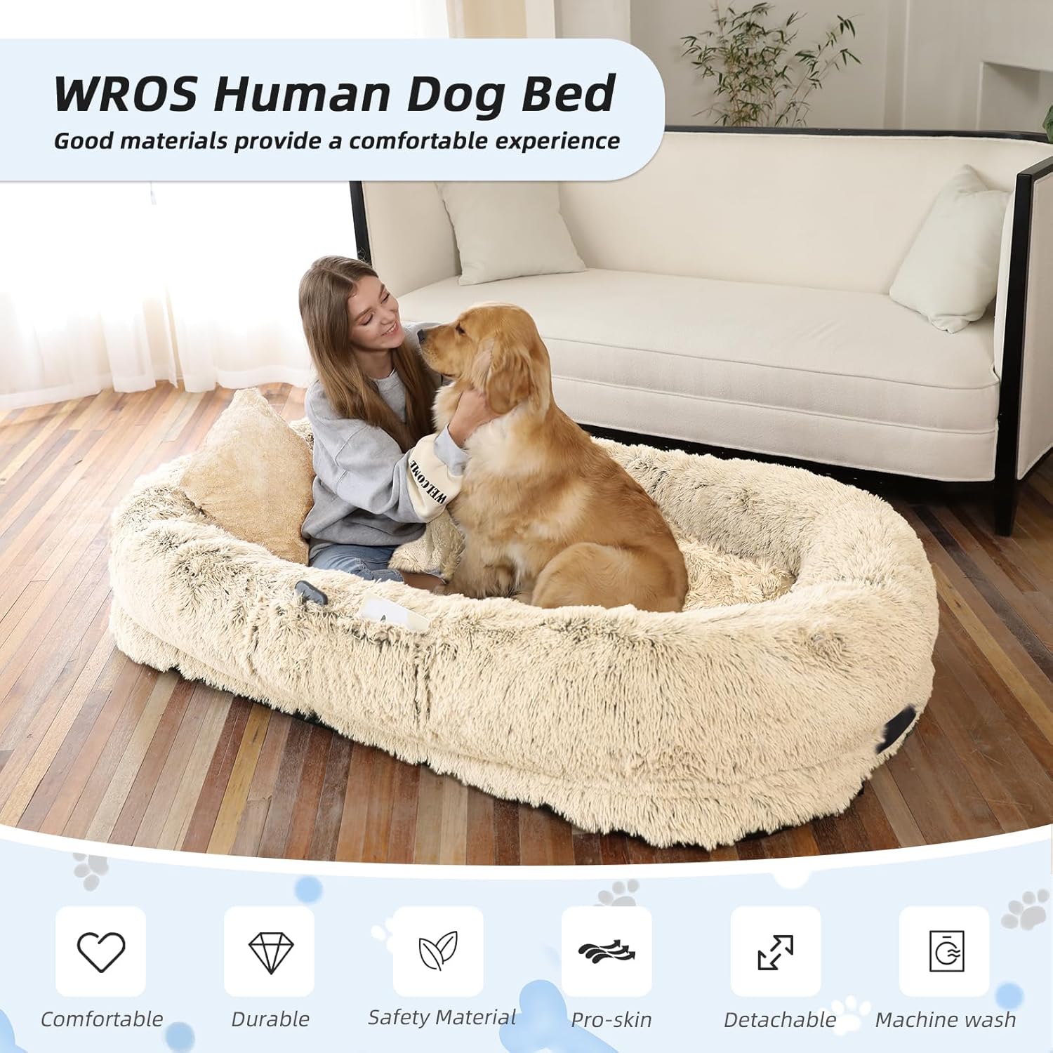 WROS Human Dog Bed - 71x45x12 Fits You & Pets, Washable Faux Fur, Orthopedic, Plump Pillow, Blanket, Strap - Grey
