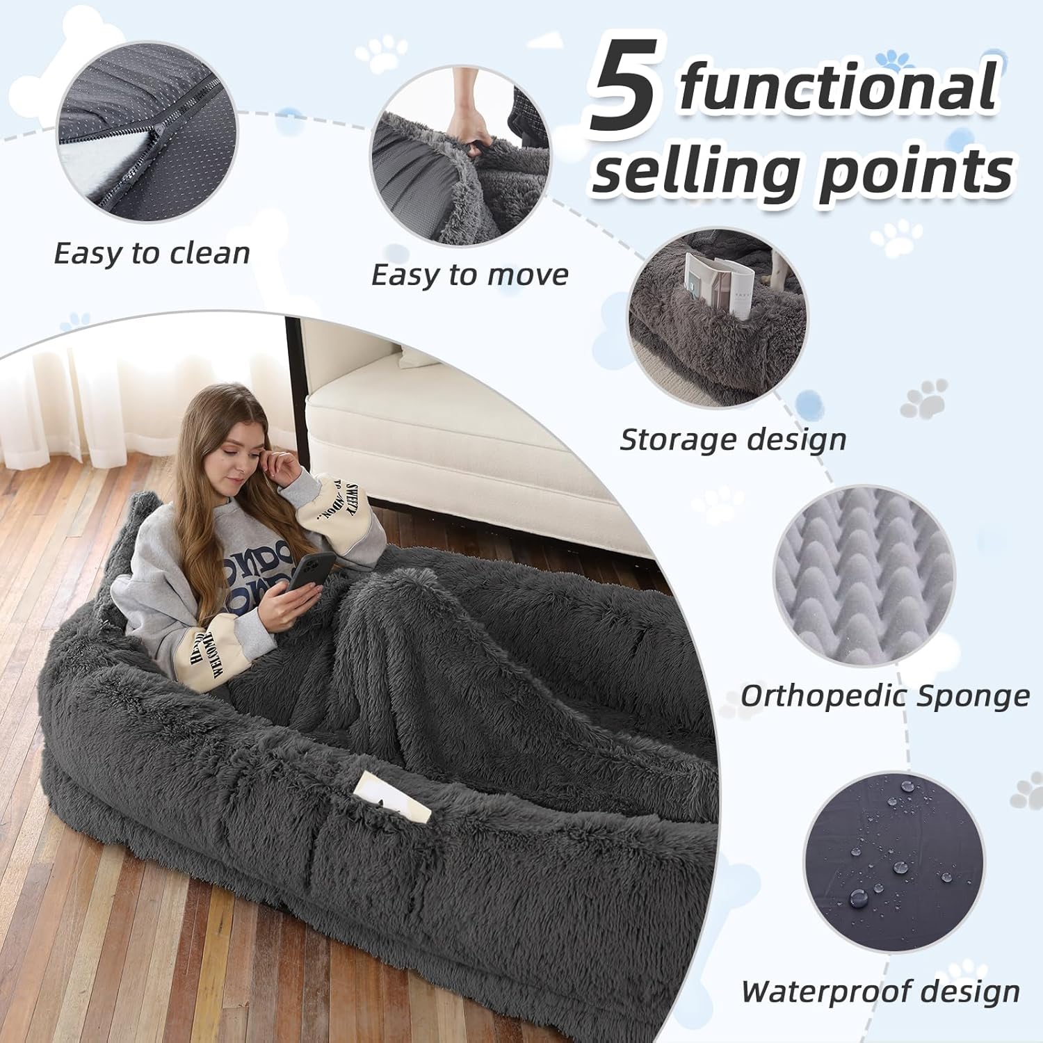 WROS Human Dog Bed - 71x45x12 Fits You & Pets, Washable Faux Fur, Orthopedic, Plump Pillow, Blanket, Strap - Grey