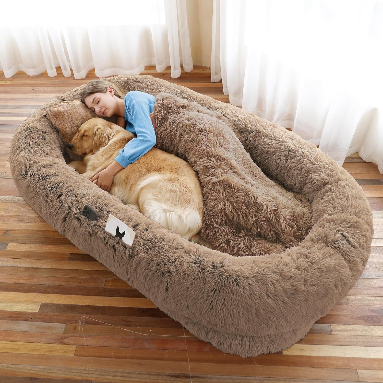 WROS Human Dog Bed - 71x45x12 Fits You & Pets, Washable Faux Fur, Orthopedic, Plump Pillow, Blanket, Strap - Grey