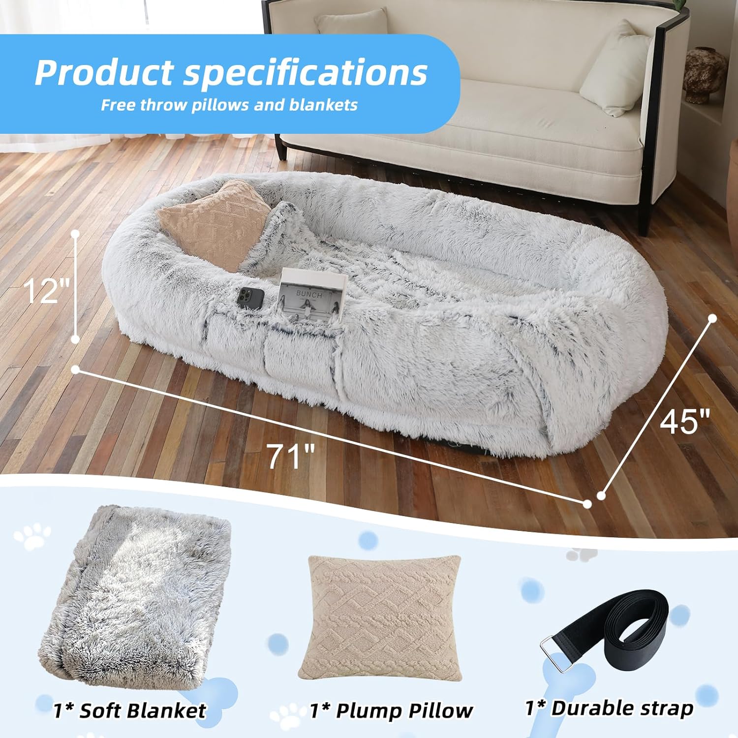 WROS Human Dog Bed - 71x45x12 Fits You & Pets, Washable Faux Fur, Orthopedic, Plump Pillow, Blanket, Strap - Grey
