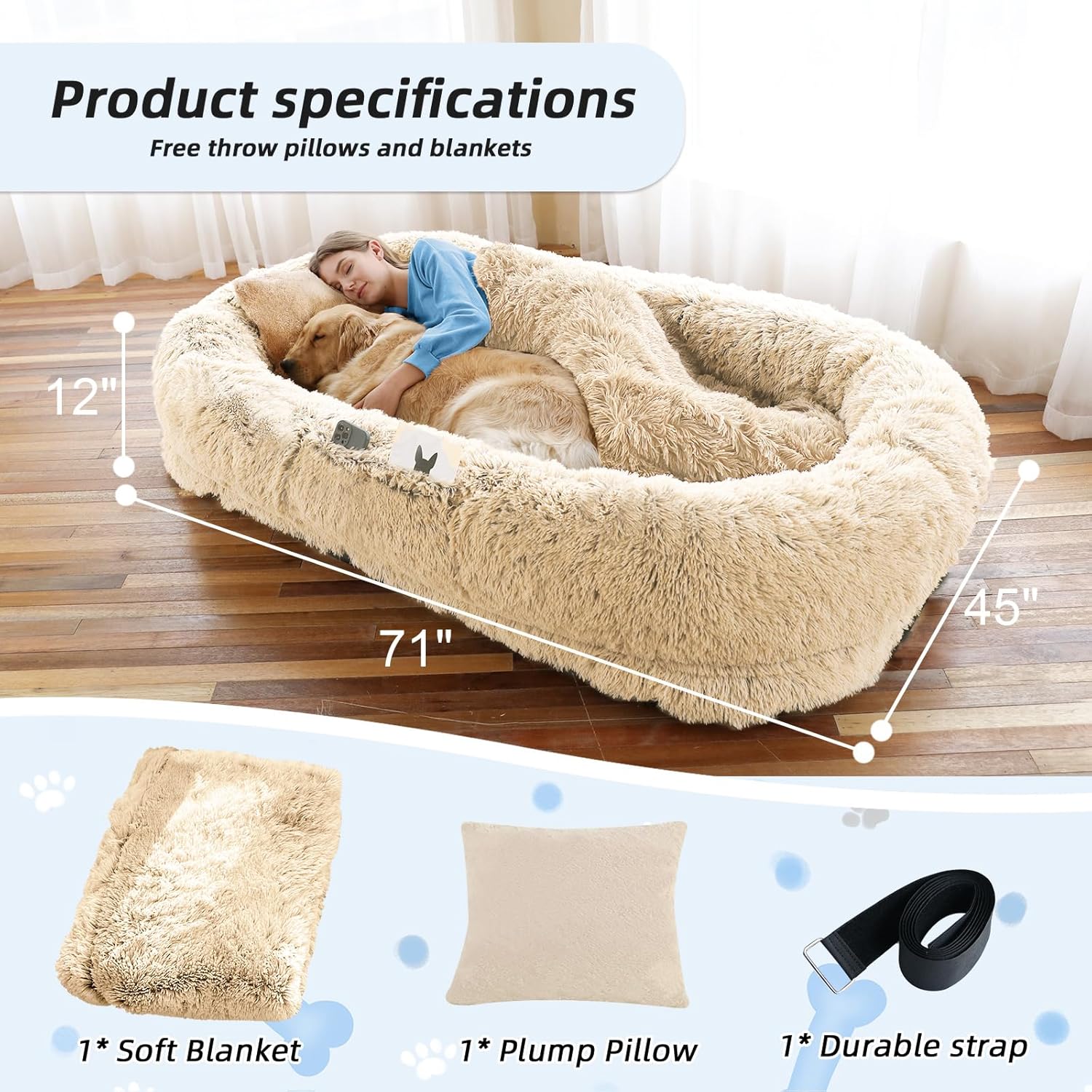 WROS Human Dog Bed - 71x45x12 Fits You & Pets, Washable Faux Fur, Orthopedic, Plump Pillow, Blanket, Strap - Grey