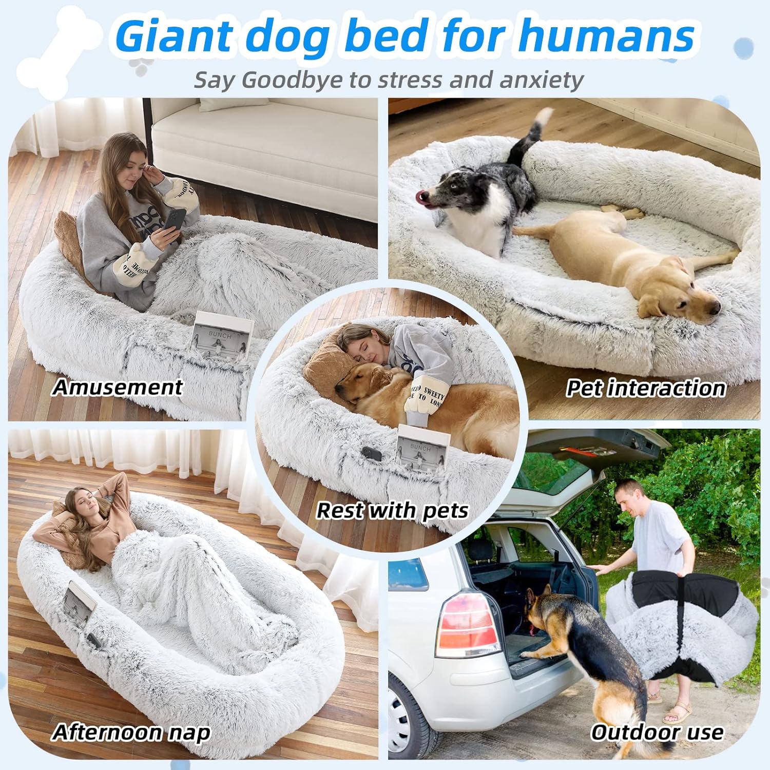 WROS Human Dog Bed - 71x45x12 Fits You & Pets, Washable Faux Fur, Orthopedic, Plump Pillow, Blanket, Strap - Grey