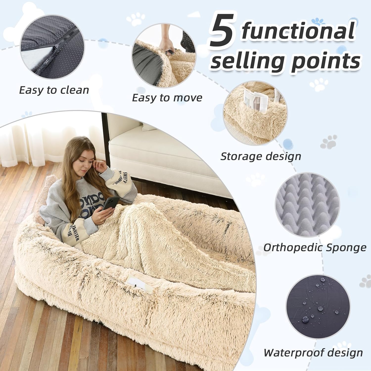 WROS Human Dog Bed - 71x45x12 Fits You & Pets, Washable Faux Fur, Orthopedic, Plump Pillow, Blanket, Strap - Grey