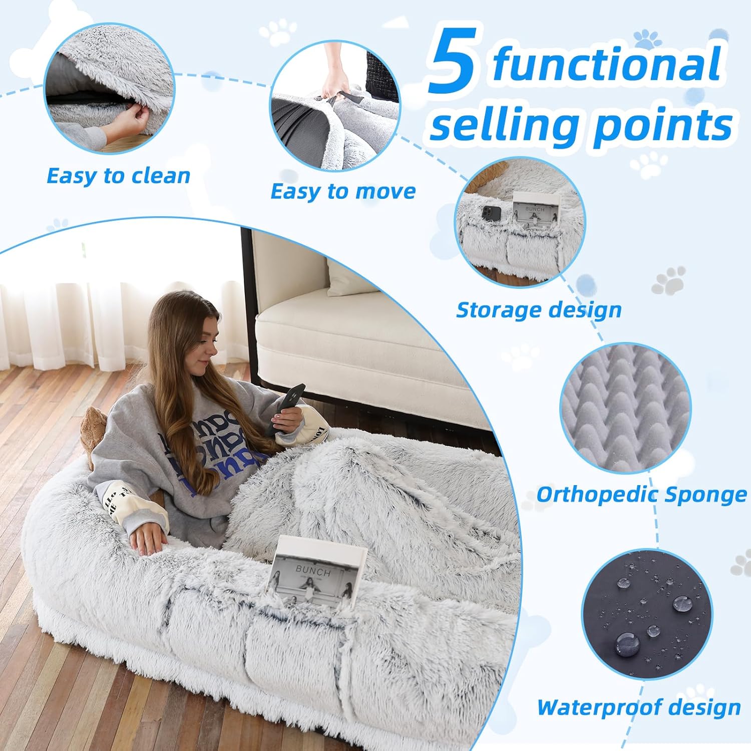 WROS Human Dog Bed - 71x45x12 Fits You & Pets, Washable Faux Fur, Orthopedic, Plump Pillow, Blanket, Strap - Grey