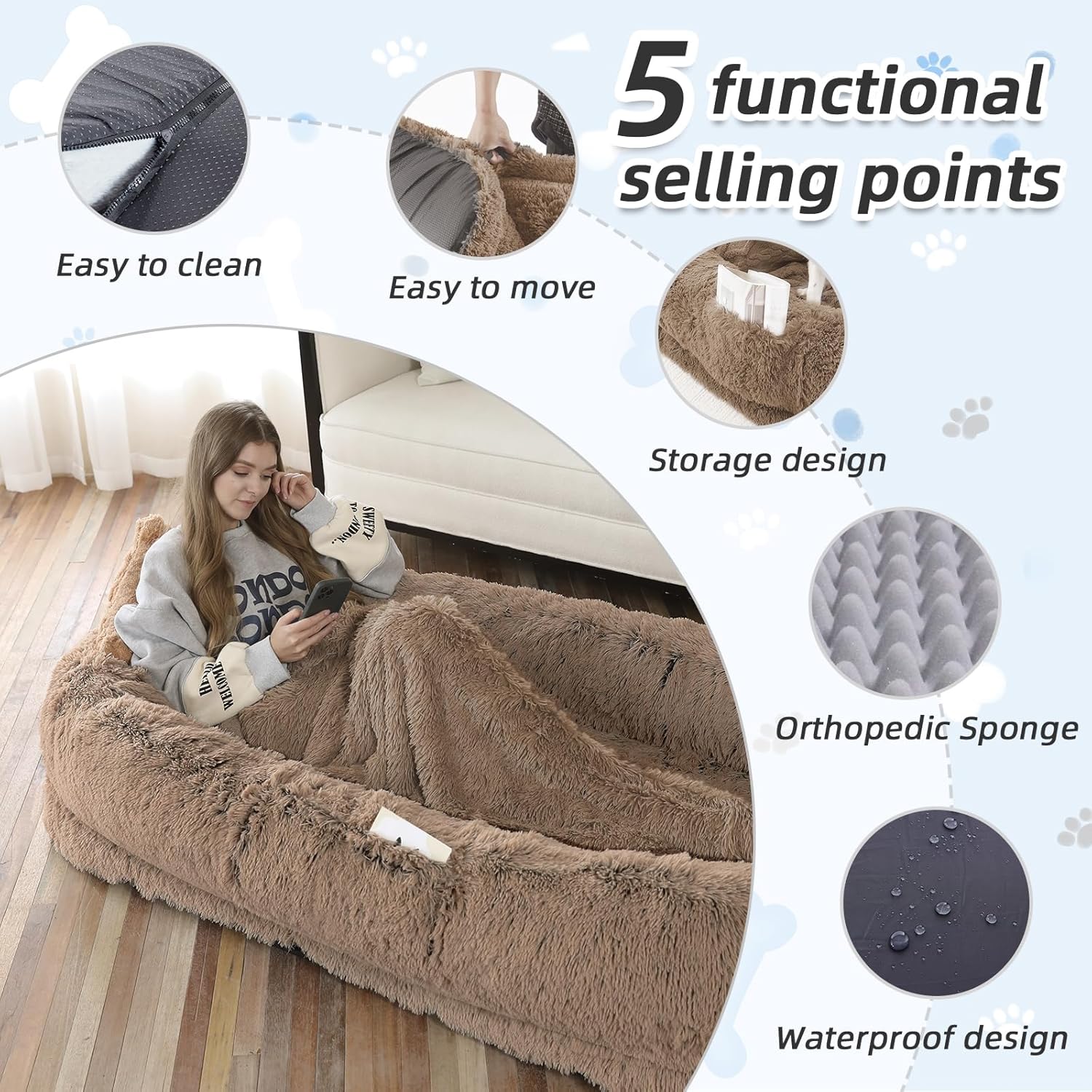 WROS Human Dog Bed - 71x45x12 Fits You & Pets, Washable Faux Fur, Orthopedic, Plump Pillow, Blanket, Strap - Grey