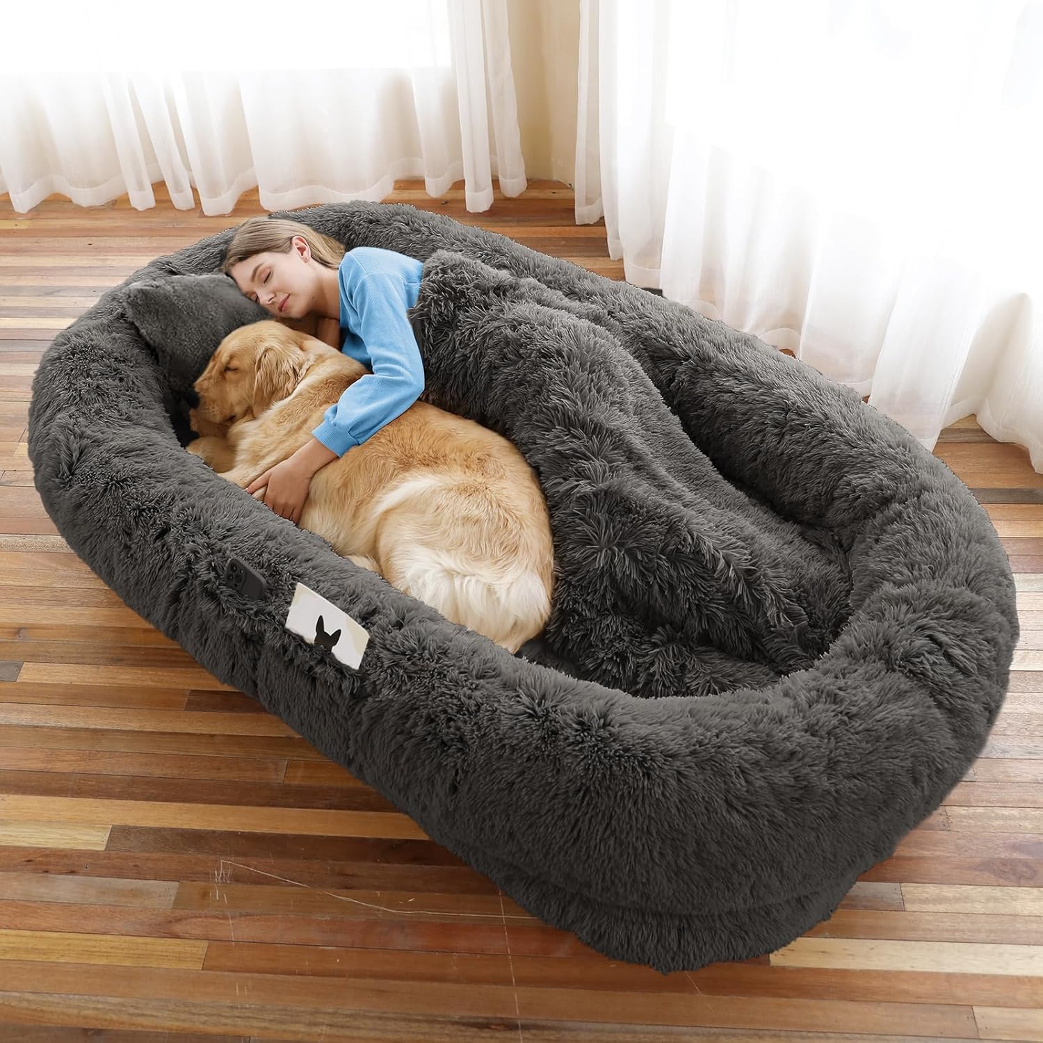 WROS Human Dog Bed - 71x45x12 Fits You & Pets, Washable Faux Fur, Orthopedic, Plump Pillow, Blanket, Strap - Grey